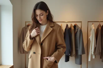 Femme examinant les poches cousues d'un manteau camel dans une boutique de mode minimaliste