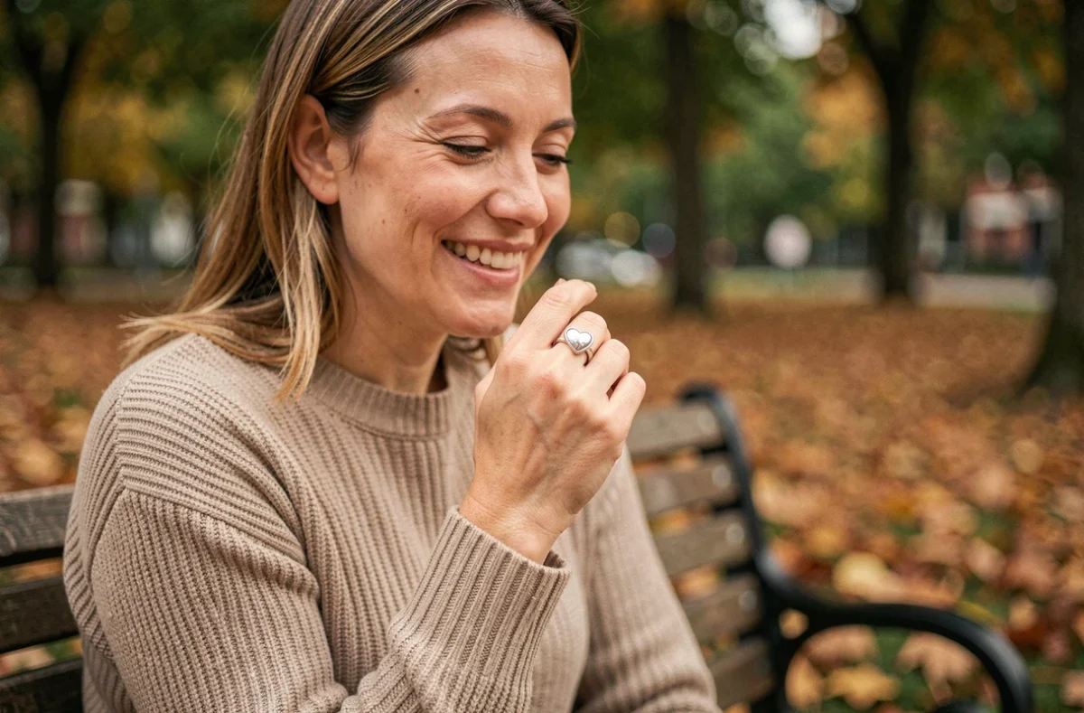 Femme souriante portant une bague cœur magnétique en extérieur dans un parc en automne, bijou porté au quotidien sans dommage