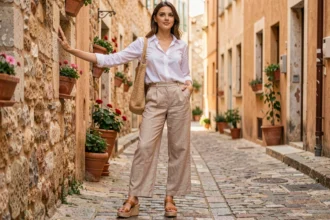Jeune femme portant des espadrilles compensées en jute avec un pantalon en lin beige dans une rue pavée du sud de la France