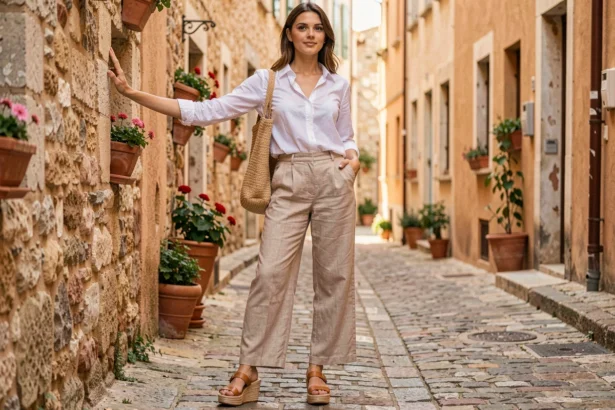 Jeune femme portant des espadrilles compensées en jute avec un pantalon en lin beige dans une rue pavée du sud de la France