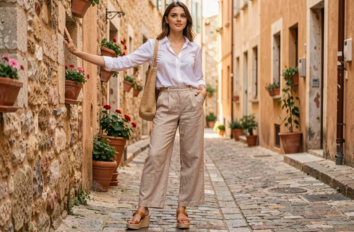 Jeune femme portant des espadrilles compensées en jute avec un pantalon en lin beige dans une rue pavée du sud de la France