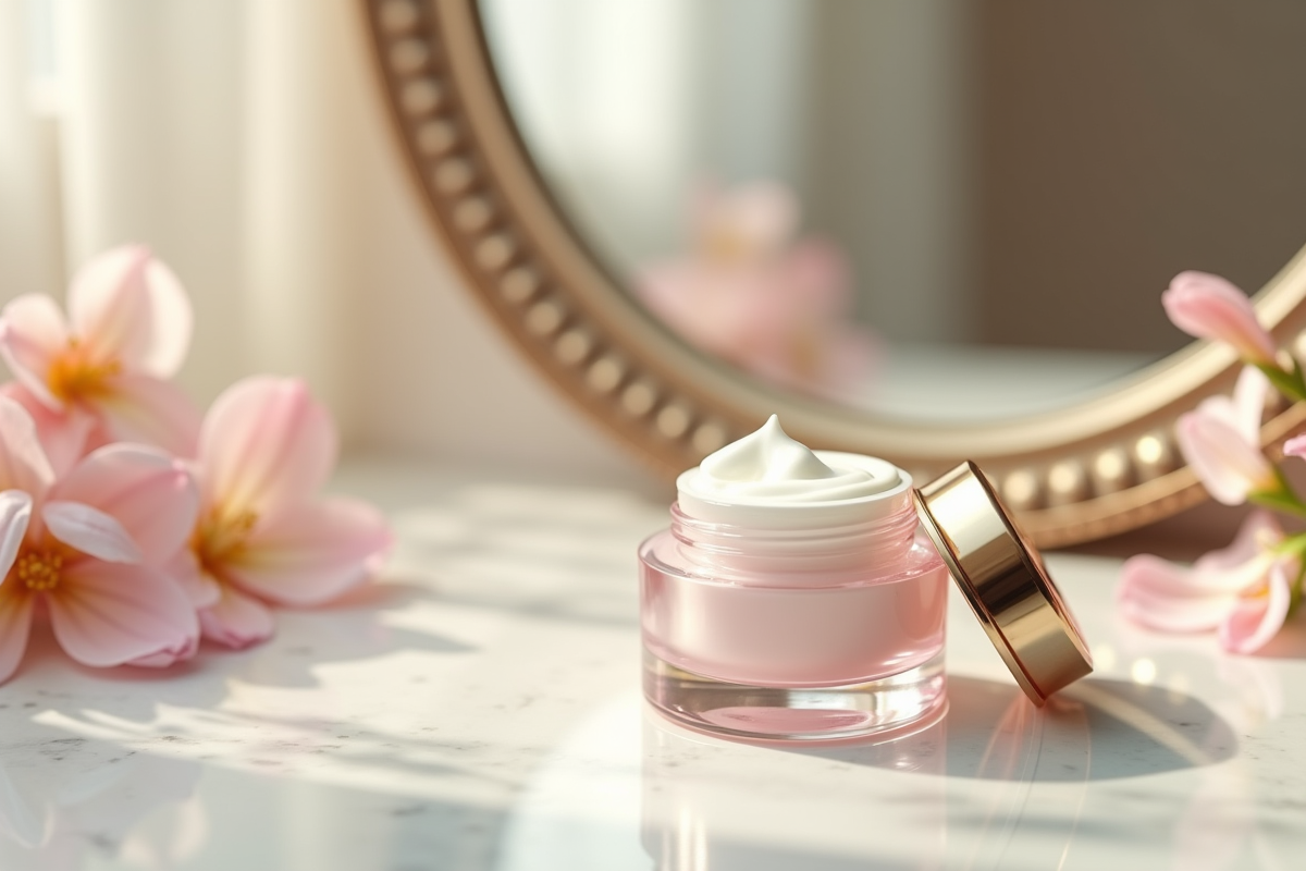 Pot de crème visage entouré de fleurs sur marbre