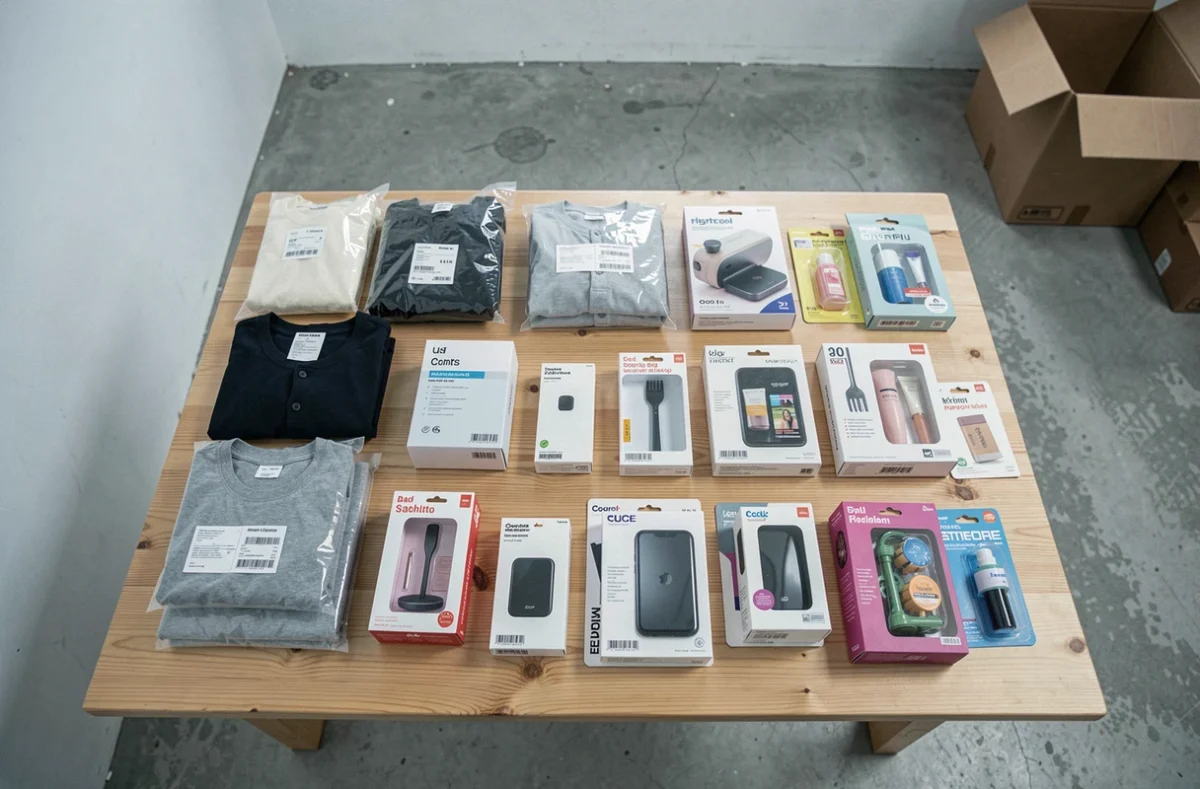 Vue aérienne de produits invendus de grandes enseignes disposés sur une table dans un entrepôt de déstockage