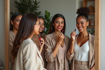 Quatre femmes appliquent un rouge à lèvres rouge devant un miroir