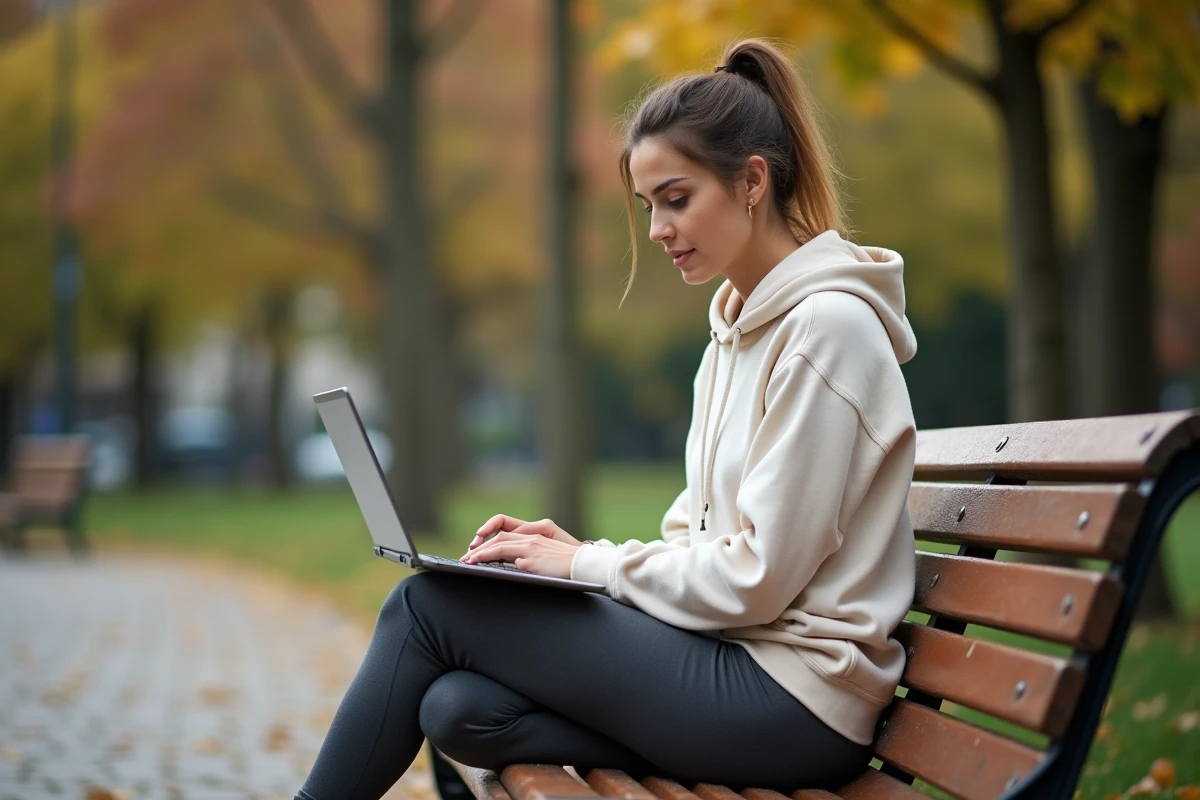 Femme recherchant des alternatives éthiques à Halara sur un ordinateur portable dans un parc urbain en automne, shopping de mode sportive responsable