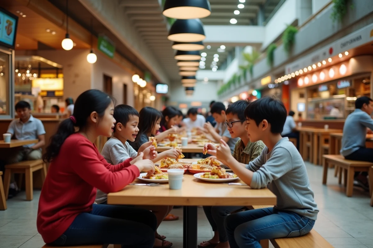 Familles attablées dans la zone de restauration du centre commercial Dancharia, partageant un repas ensemble