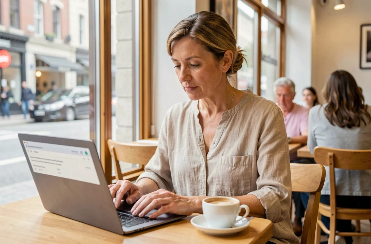 Femme recherchant ses informations de commande Zalando par email dans un café pour contacter le service client