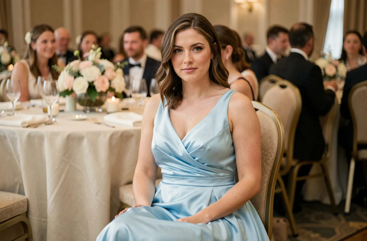 Demoiselle d'honneur en robe bleue pastel satin assise à une table de réception, illustrant une erreur de coupe lors d'un mariage