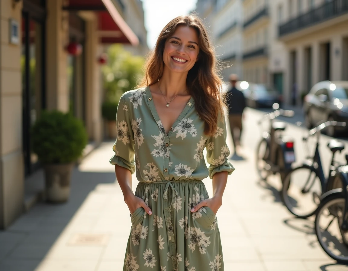 Jeune femme en robe midi florale Kiabi portée avec naturel dans une rue urbaine ensoleillée