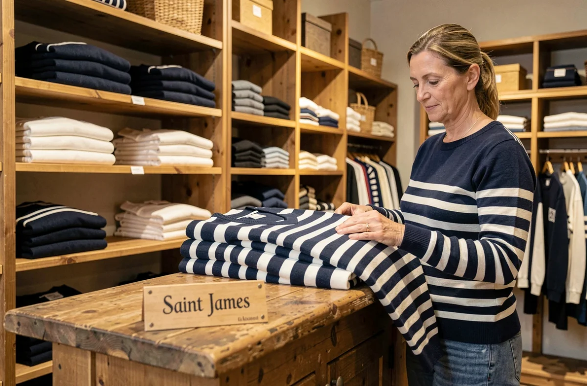 Intérieur de la boutique Saint James avec ses pulls marinière en laine exposés sur des étagères en bois