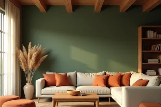 Salon chaleureux avec murs vert kaki, coussins terracotta et canapé en lin naturel dans un appartement moderne