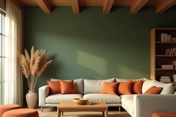 Salon chaleureux avec murs vert kaki, coussins terracotta et canapé en lin naturel dans un appartement moderne