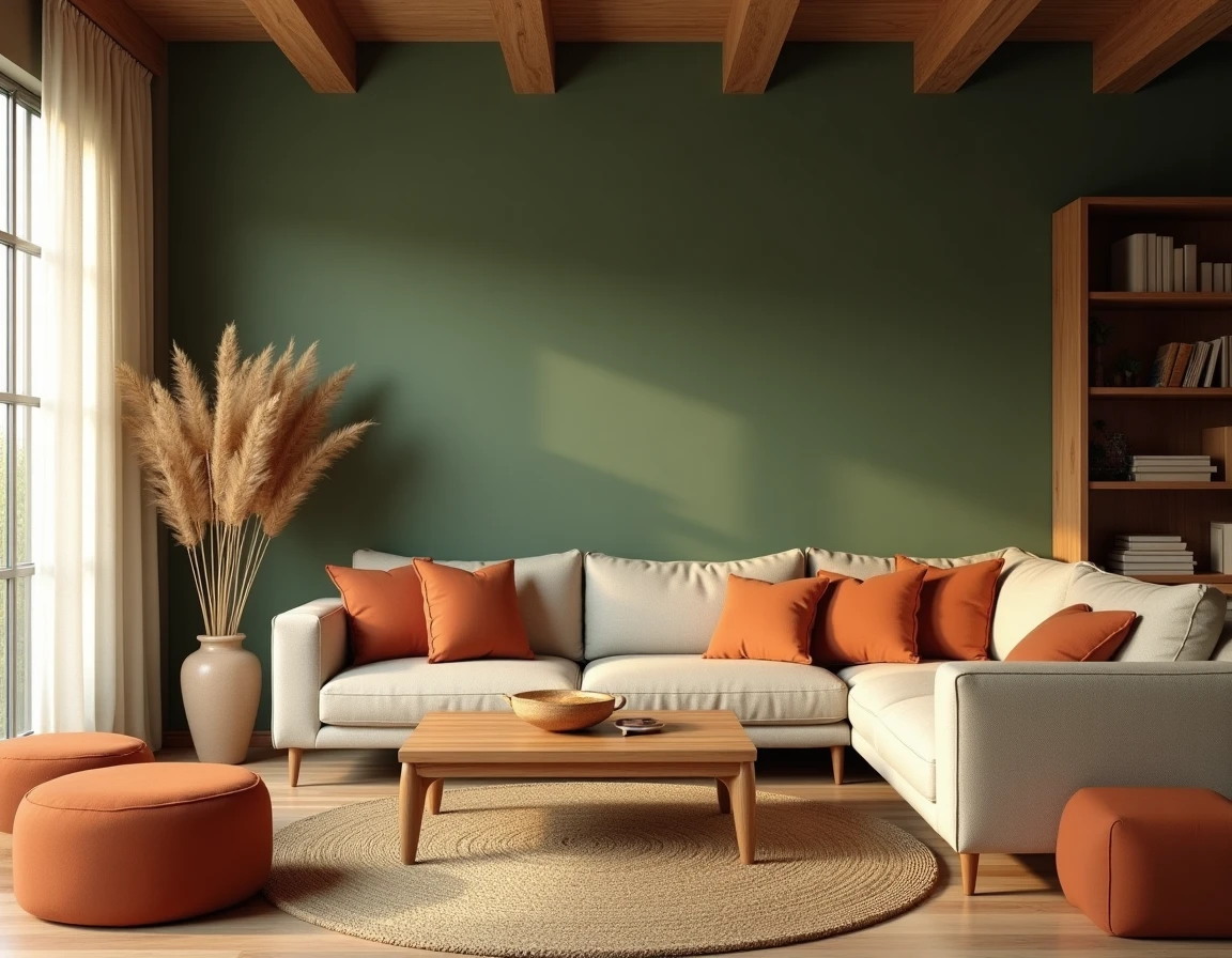 Salon chaleureux avec murs vert kaki, coussins terracotta et canapé en lin naturel dans un appartement moderne