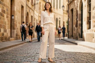 Femme en sandales dorées à petit talon portant un pantalon lin large et un chemisier ivoire dans une rue pavée européenne, silhouette élancée mise en valeur