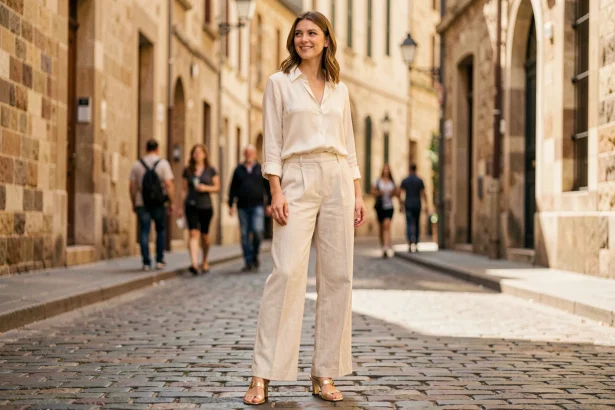 Femme en sandales dorées à petit talon portant un pantalon lin large et un chemisier ivoire dans une rue pavée européenne, silhouette élancée mise en valeur