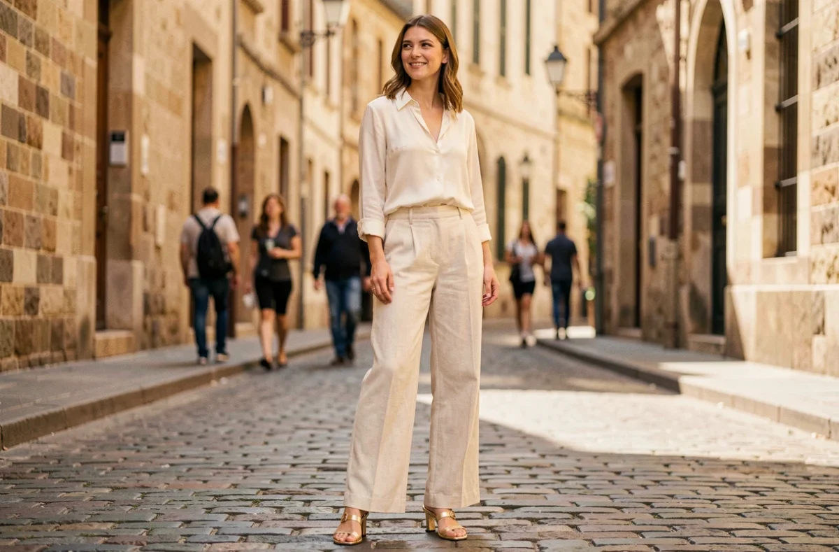 Femme en sandales dorées à petit talon portant un pantalon lin large et un chemisier ivoire dans une rue pavée européenne, silhouette élancée mise en valeur