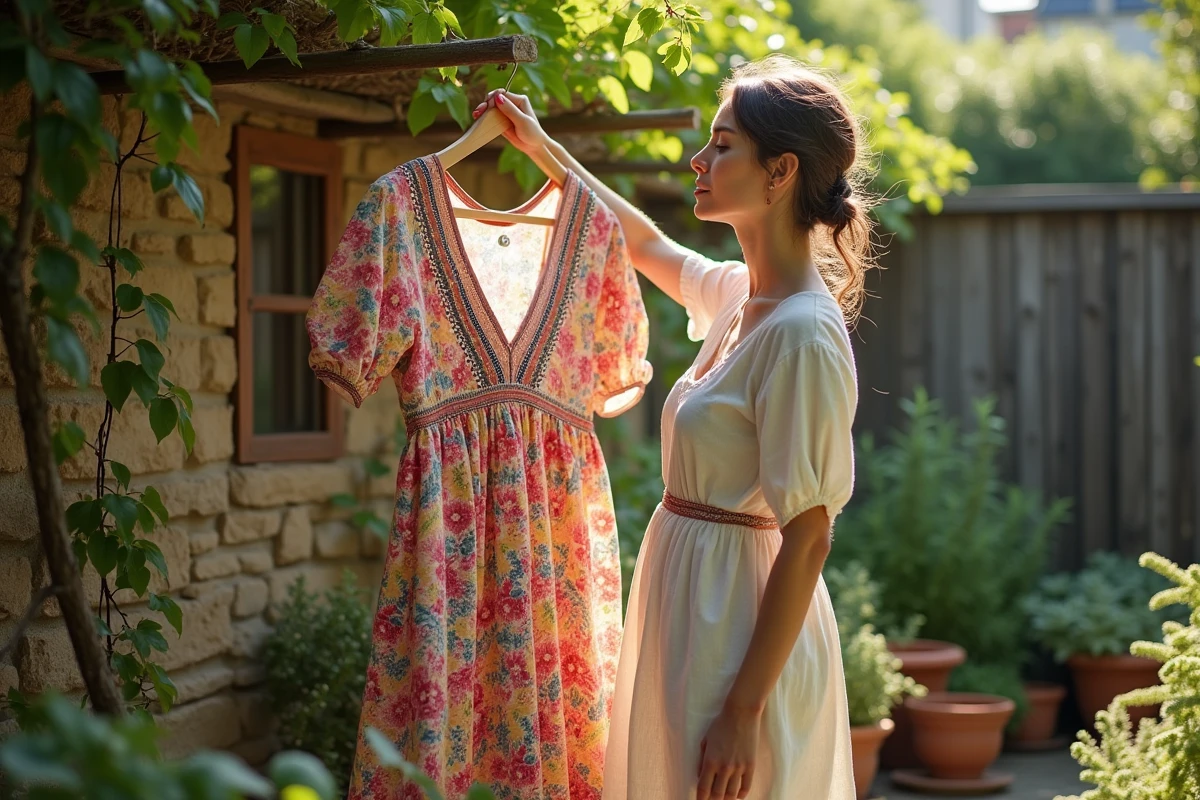 Jeune femme suspendant une robe hippie colorée sur un séchoir en bois dans un jardin verdoyant, tissu imprimé flottant doucement au vent
