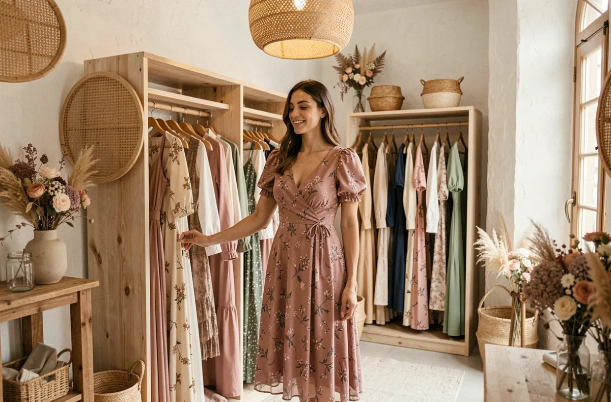 Femme en robe florale midi dans la boutique Sézane Paris