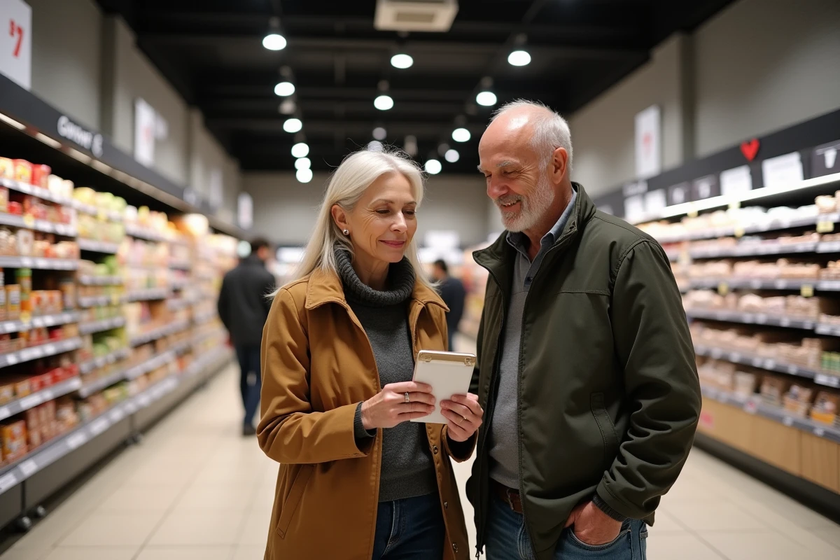 Couple faisant leurs courses dans les allées bien approvisionnées du nouveau magasin Dancharia