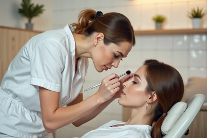 Technicienne en esthétique réalisant des retouches précises sur les sourcils d'une cliente dans un salon SIAM à Toulouse