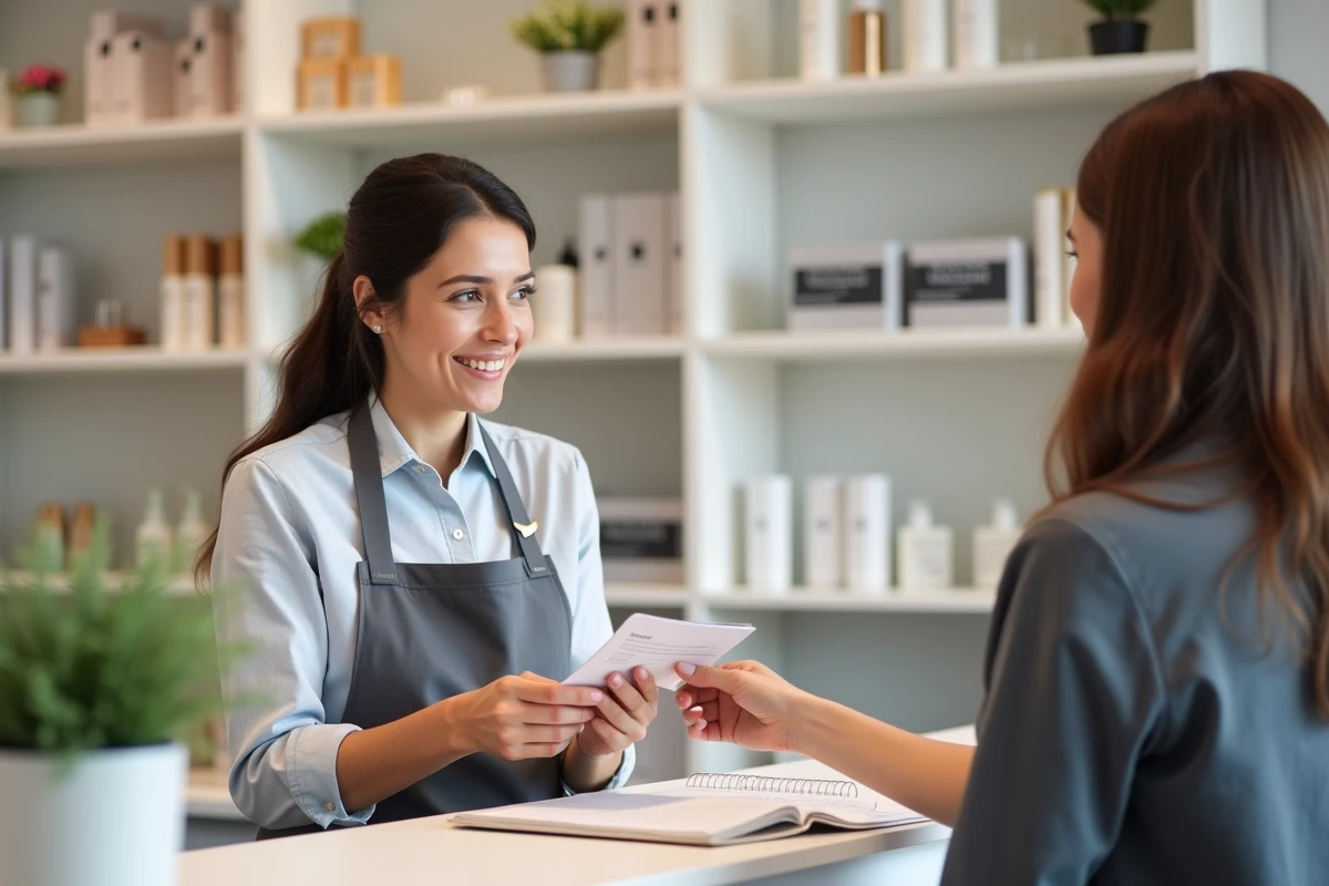 Réceptionniste d'un salon de retouches SIAM à Toulouse accueillant une cliente au comptoir et donnant des informations de contact