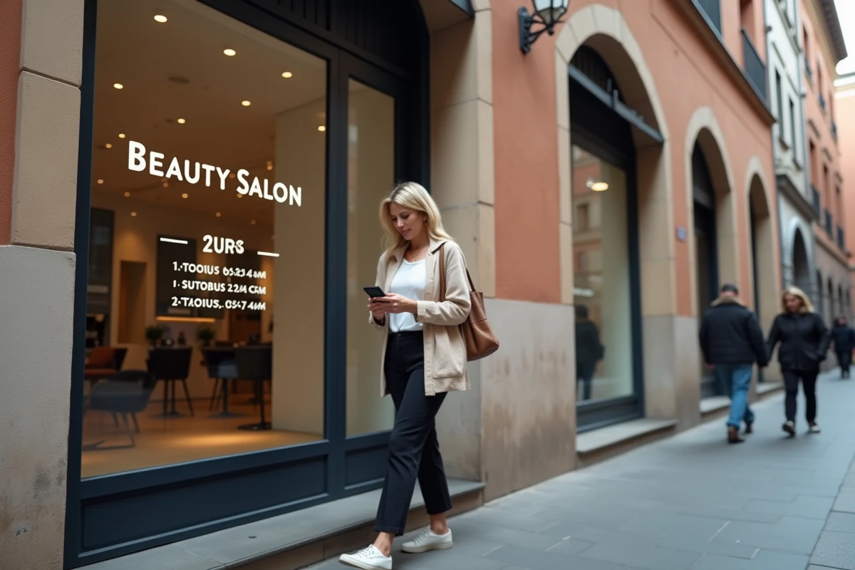 Femme consultant son téléphone devant la devanture du salon SIAM à Toulouse pour vérifier les horaires d'ouverture