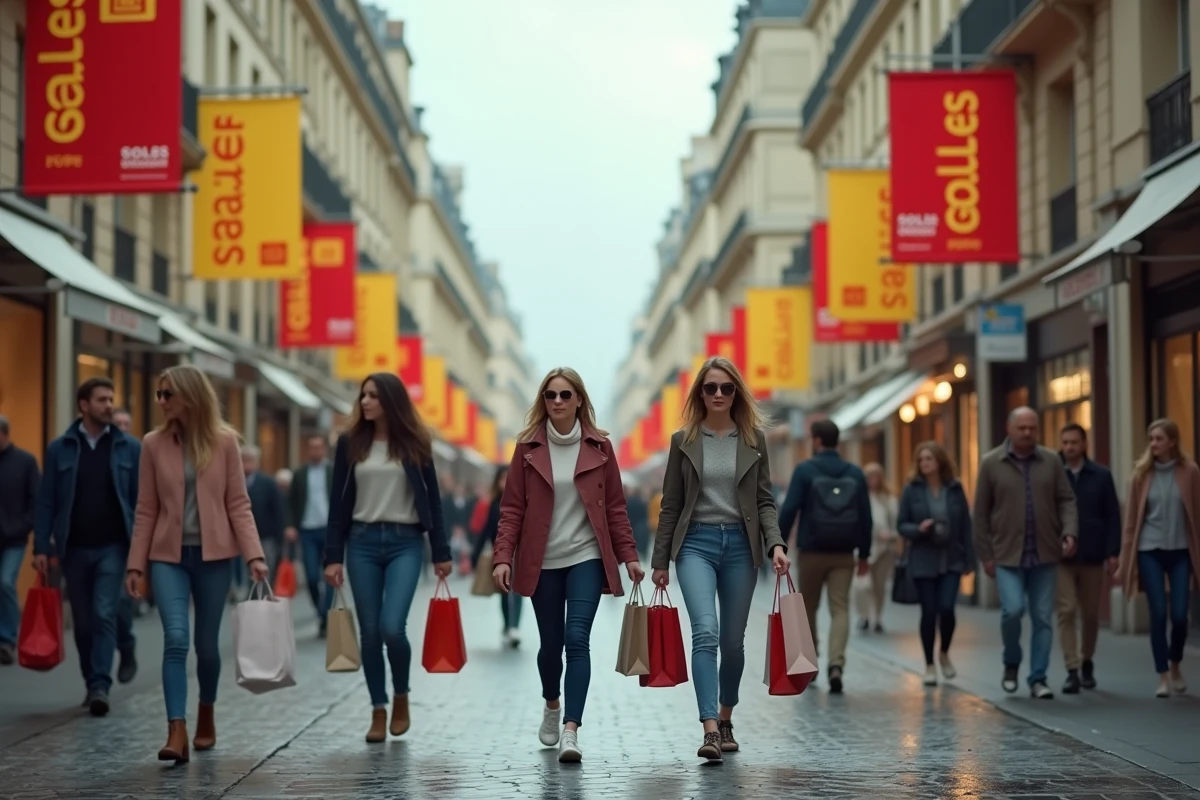 Foule de consommateurs dans une rue commerçante française durant les soldes d'été 2026