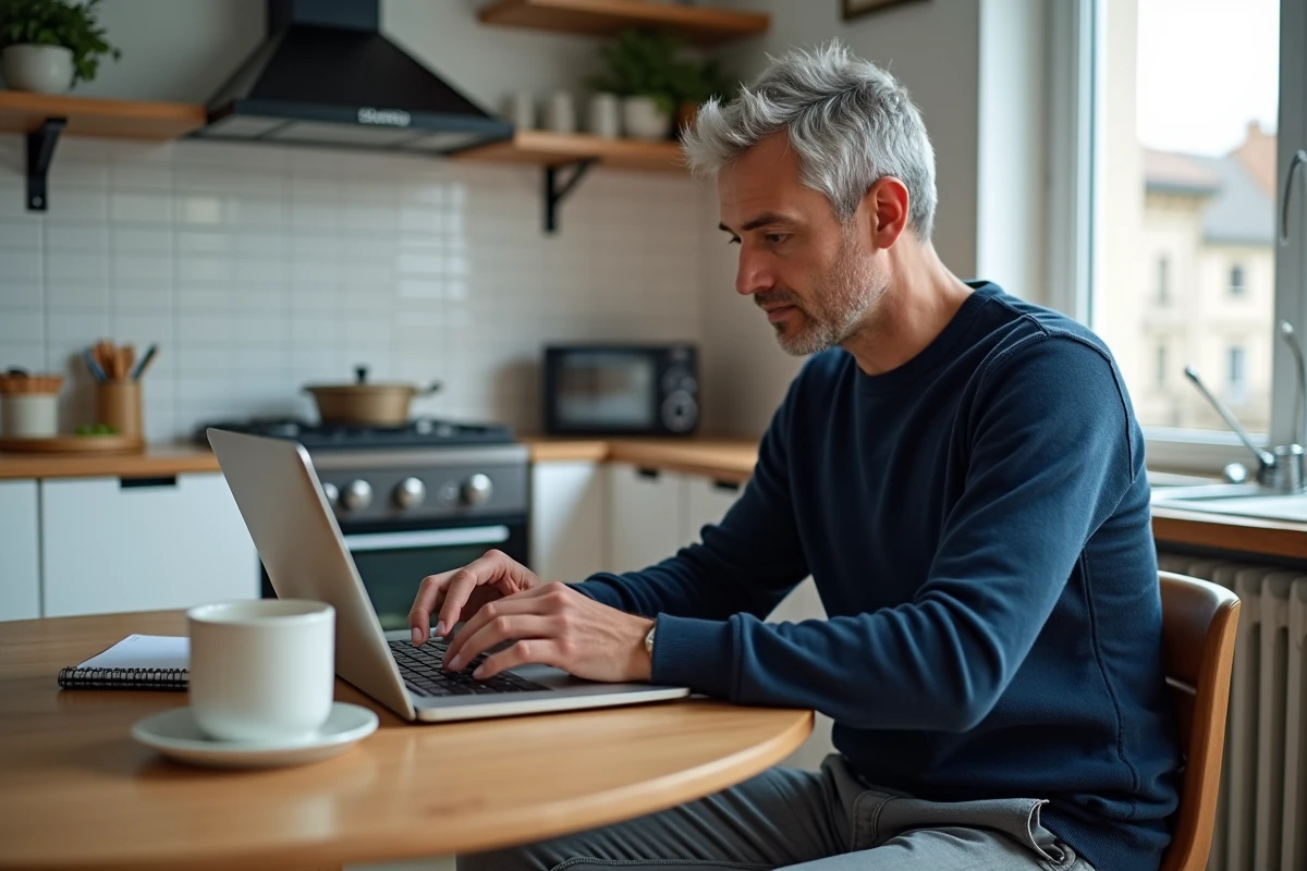 Homme faisant ses achats en ligne pendant les soldes françaises de 2026 sur un ordinateur portable