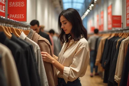 Femme examinant des articles en promotion dans une boutique de vêtements lors des soldes en France 2026