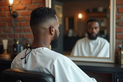 Homme aux cheveux en taper bas avec dégradé précis dans un salon de coiffure moderne
