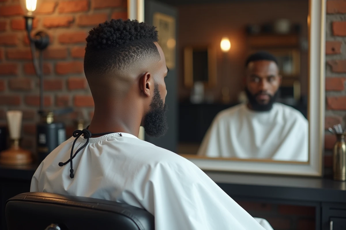 Homme aux cheveux en taper bas avec dégradé précis dans un salon de coiffure moderne