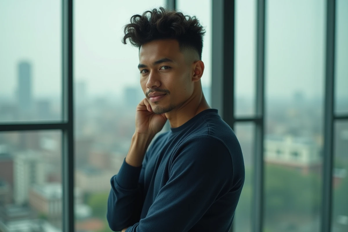 Homme hispanique avec coupe taper haut et curls volumineux mettant en valeur la forme du visage