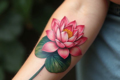 Tatouage lotus sur avant bras en couleurs vives