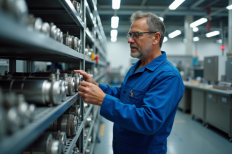 Technicien en overalls inspectant des pièces en rhodium dans une usine