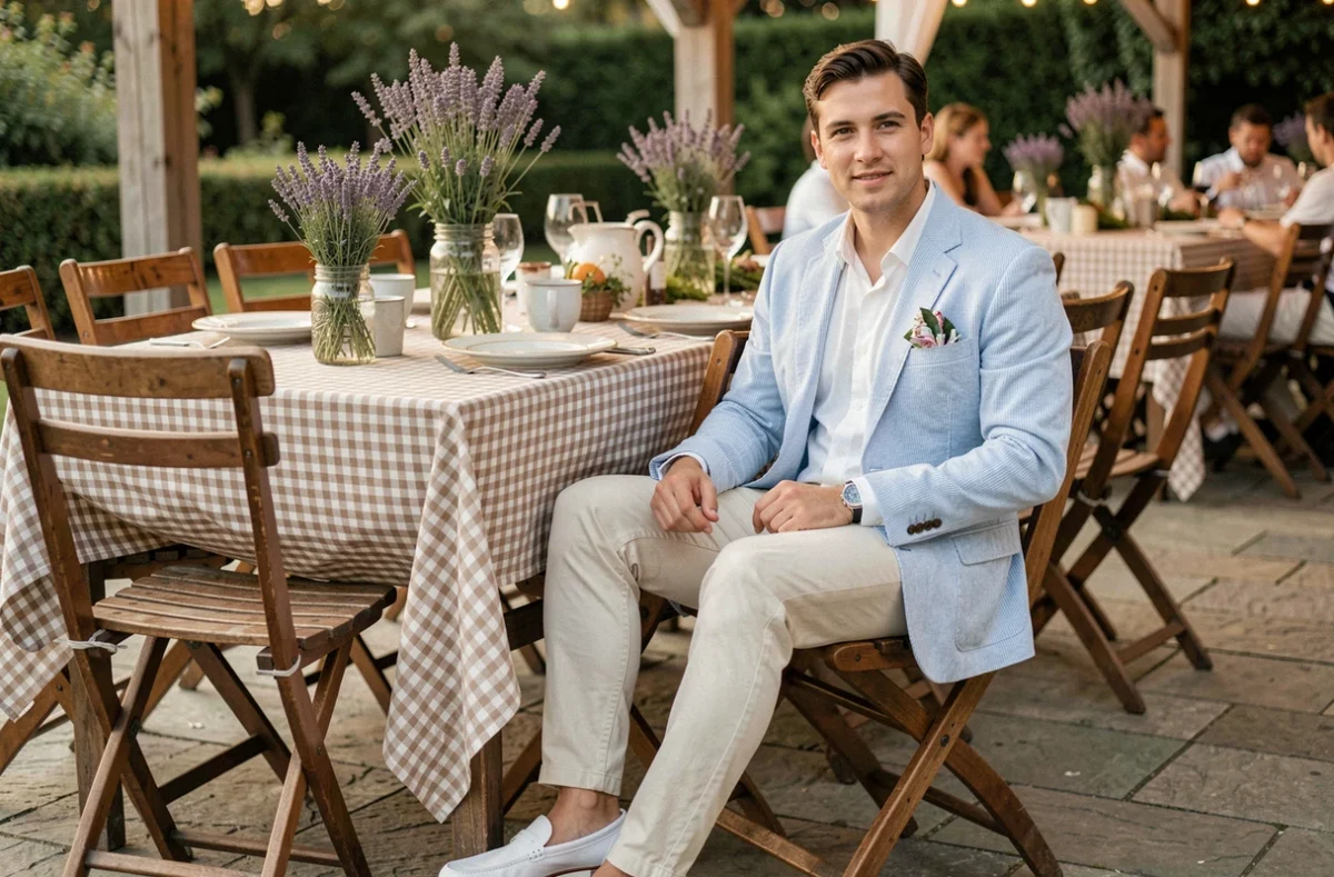 Homme en blazer seersucker bleu clair et chino crème assis à une table de mariage guinguette décorée
