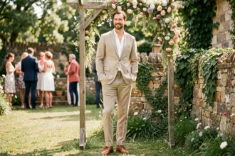 Homme en costume lin beige et chemise blanche col ouvert lors d'un mariage champêtre en plein air