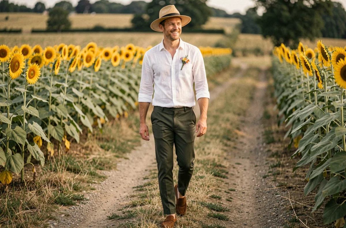 Homme en pantalon olive et chemise lin blanc marchant dans un domaine champêtre lors d'un mariage guinguette