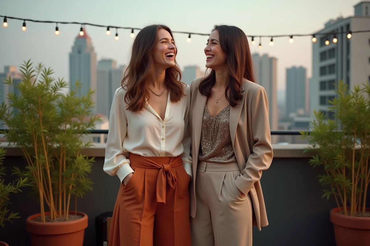 Deux femmes en tenues écoresponsables secondhand riant sur un rooftop pour célébrer le Nouvel An de façon durable