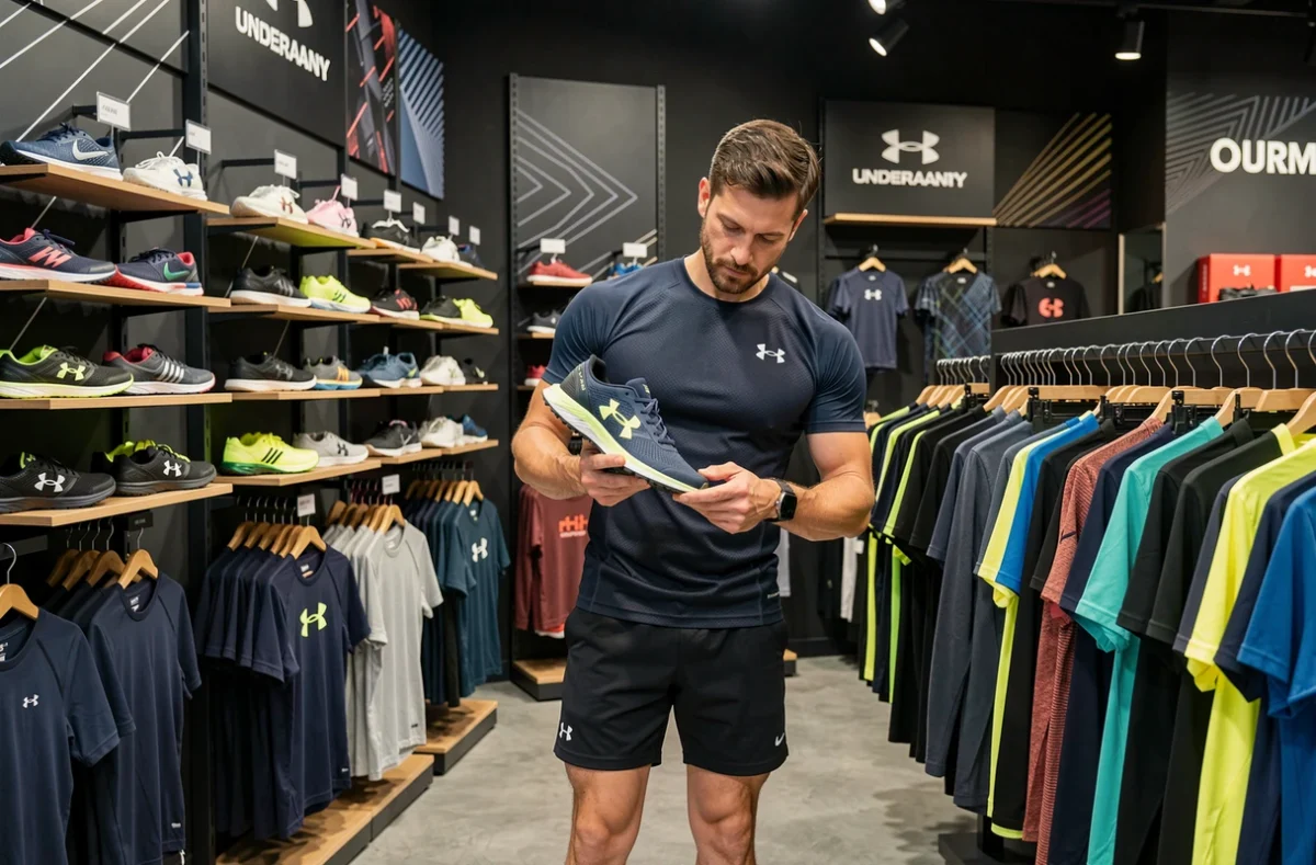 Boutique outlet Under Armour avec des vêtements de sport techniques et des chaussures de running exposés sur des présentoirs industriels