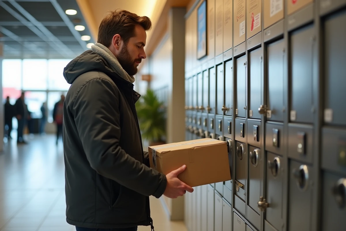 Homme place un colis dans un casier automatique en intérieur