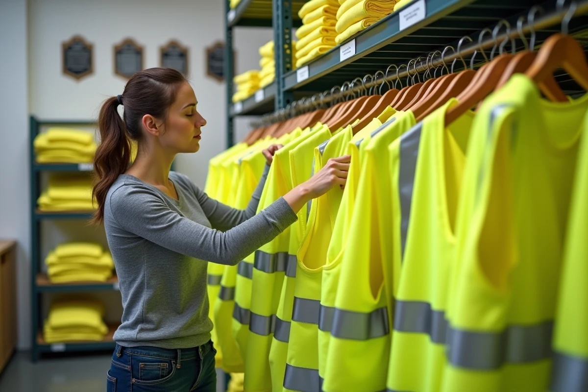 Femme présentant l'étiquette d'origine d'un gilet jaune fabriqué en France dans un showroom industriel