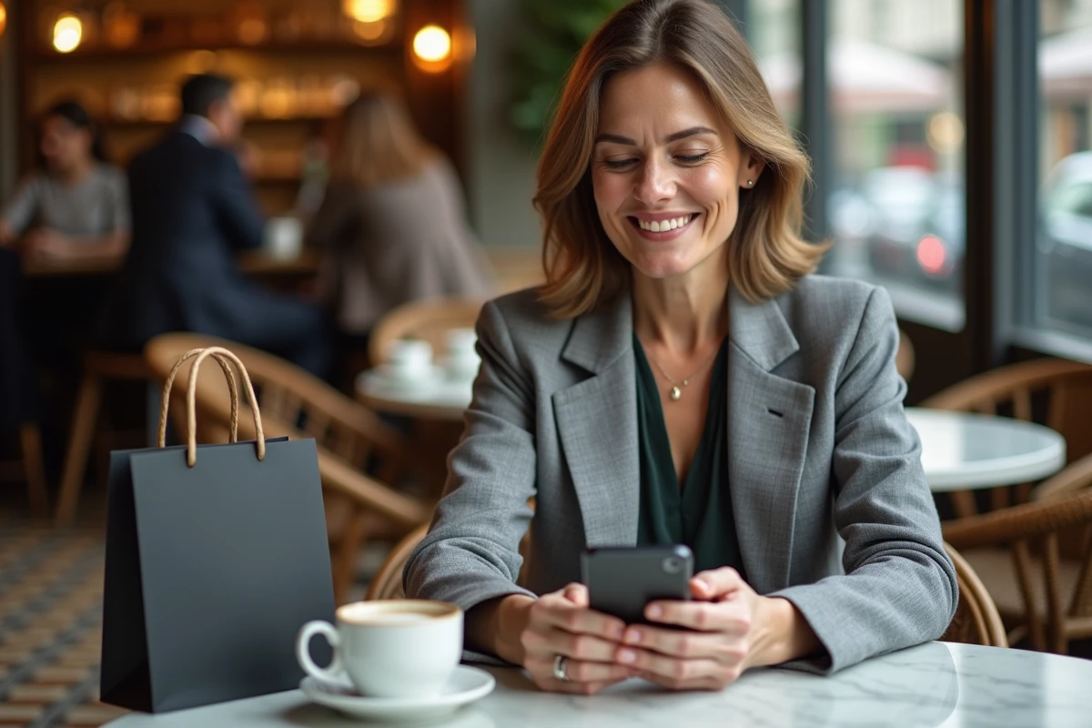 Femme vérifiant l'authenticité d'un article Louis Vuitton sur son smartphone dans un café parisien