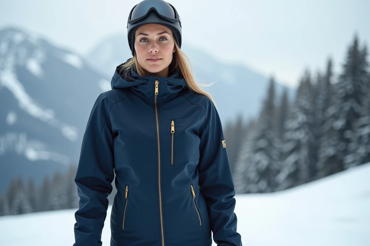 Femme portant une veste de ski haut de gamme bleu marine sur une piste alpine enneigée, illustration de la mode ski luxe 2026