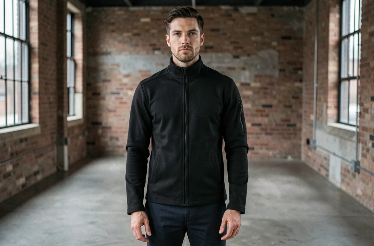 Homme en veste streetwear cintrée noire dans un loft industriel avec murs en brique apparente, style urbain structuré