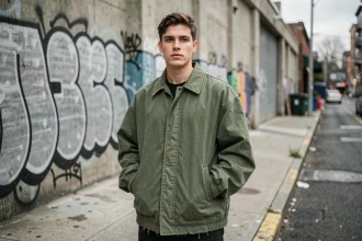 Jeune homme portant une veste streetwear oversize verte dans un environnement urbain avec murs en béton et graffiti en arrière-plan