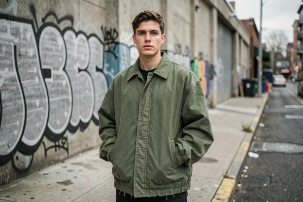 Jeune homme portant une veste streetwear oversize verte dans un environnement urbain avec murs en béton et graffiti en arrière-plan