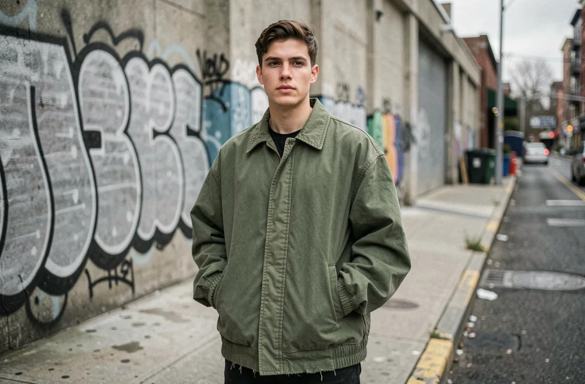 Jeune homme portant une veste streetwear oversize verte dans un environnement urbain avec murs en béton et graffiti en arrière-plan