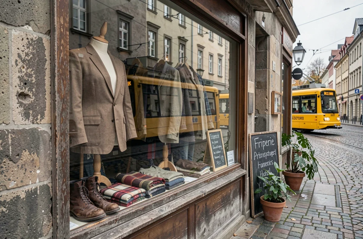 Vitrine d'une friperie strasbourgeoise près d'un arrêt de tram, avec vêtements vintage exposés et tramway flou en arrière-plan