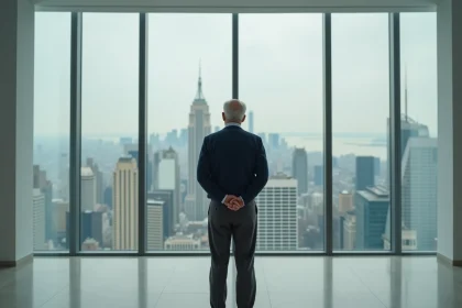 Portrait mystérieux d'un homme âgé richissime seul dans une grande salle de réunion minimaliste avec vue sur la ville, évoquant la discrétion et le pouvoir de Amancio Ortega fondateur de Zara