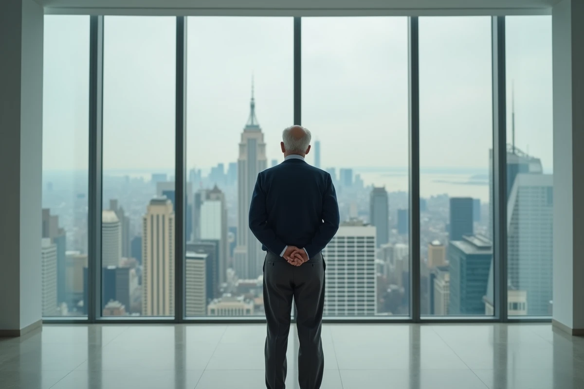 Portrait mystérieux d'un homme âgé richissime seul dans une grande salle de réunion minimaliste avec vue sur la ville, évoquant la discrétion et le pouvoir de Amancio Ortega fondateur de Zara